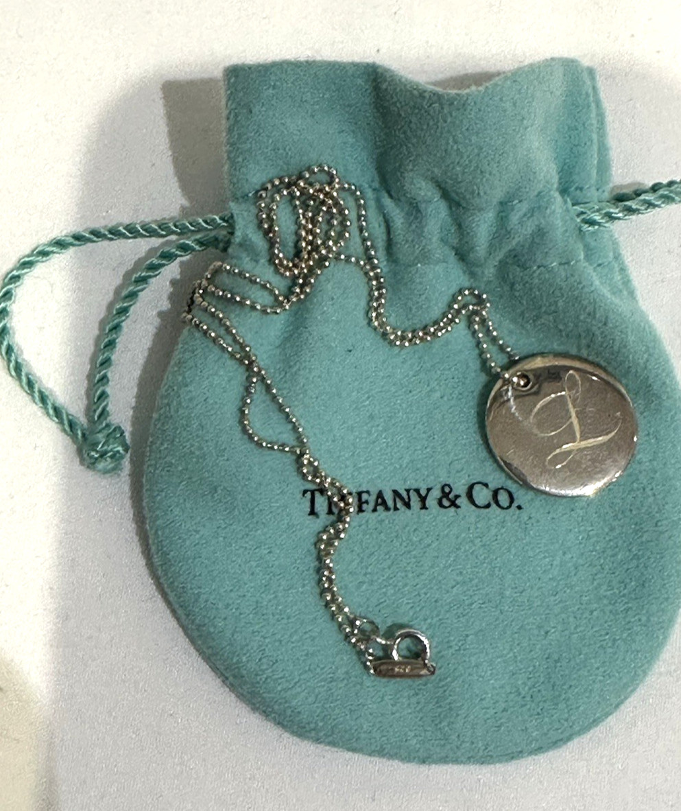 TIFFANY & CO INITIAL “L” DISC NECKLACE WITH BALL CHAIN AND POUCH