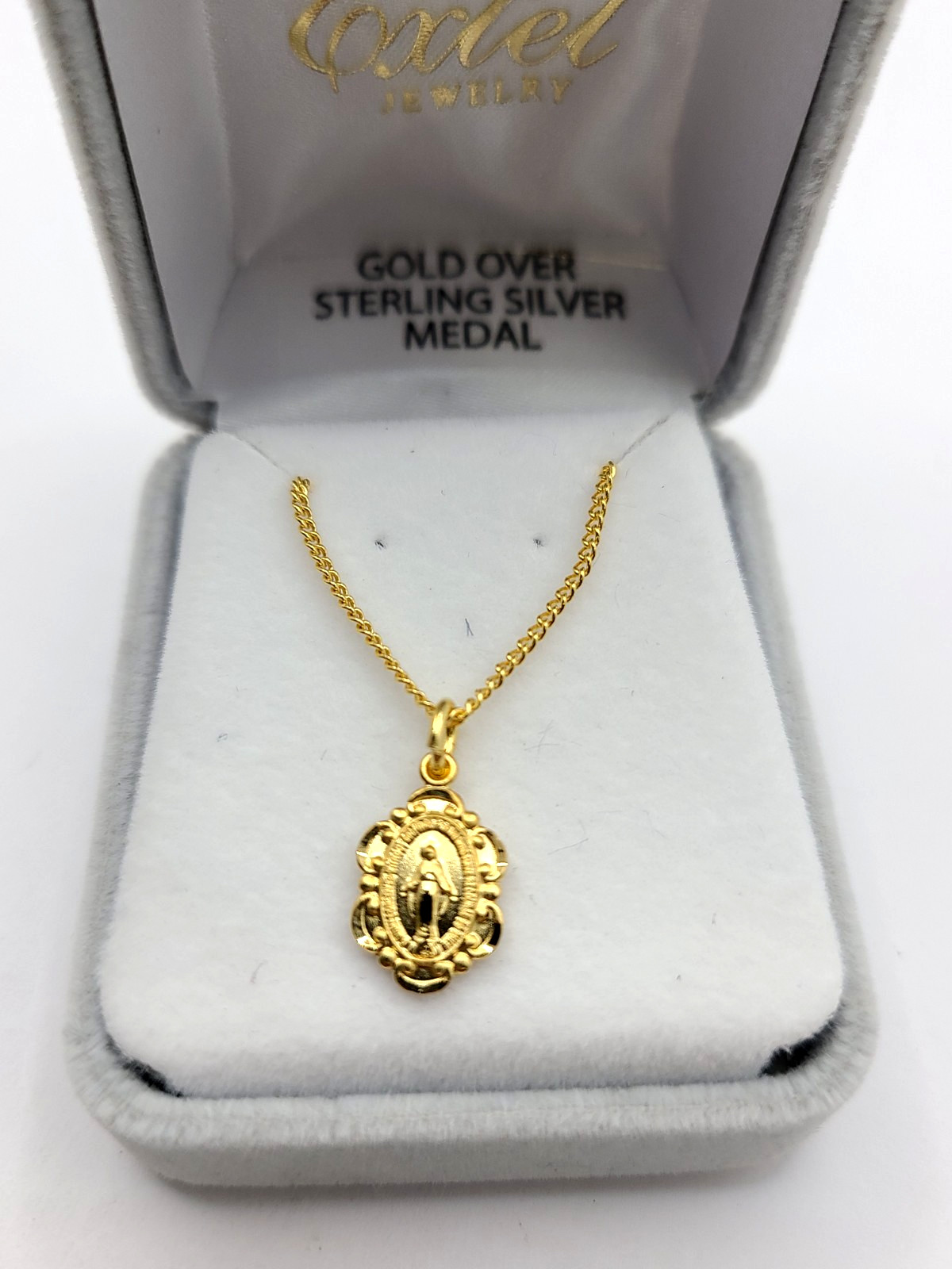 Gold over Sterling Silver Pendant Virgin Mary Necklace Stainless Steel Chain 18″