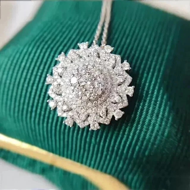 2.50 Ct Round Cut Real Moissanite Cluster Pendant Necklace 14K White Gold Plated