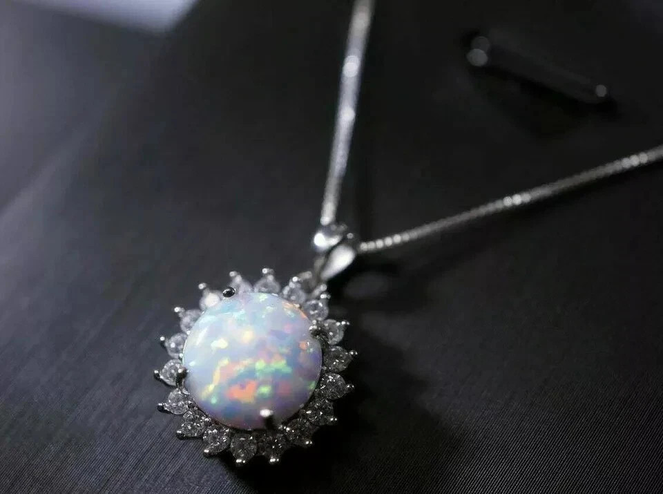 2Ct Round Cut Fire Opal Halo Women’s Pendant 14K White Gold Over 18″ Free Chain