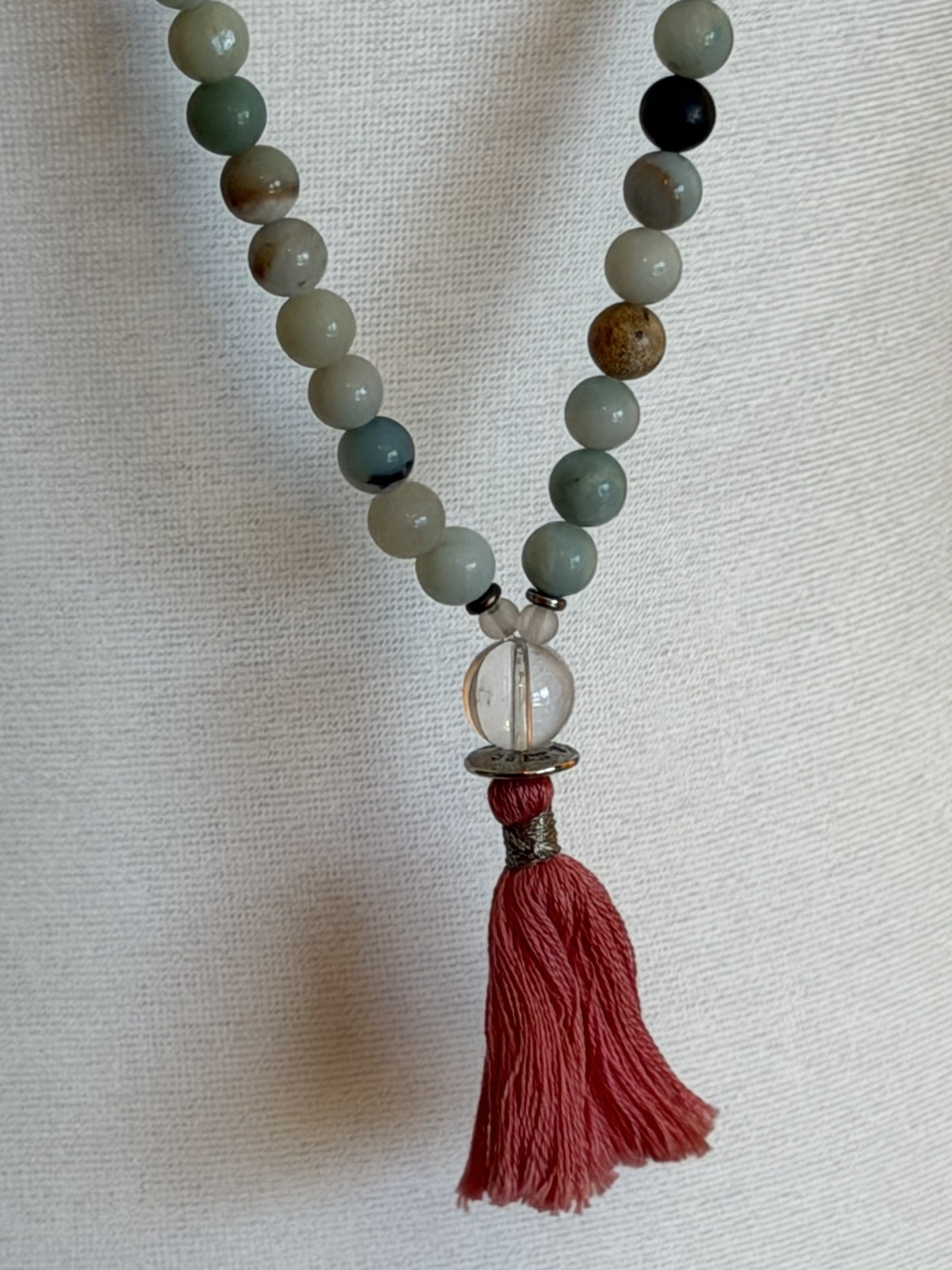 Silver & Sage Mala Necklace Green Amazonite and Quartz Pink Rose Tassel NEW