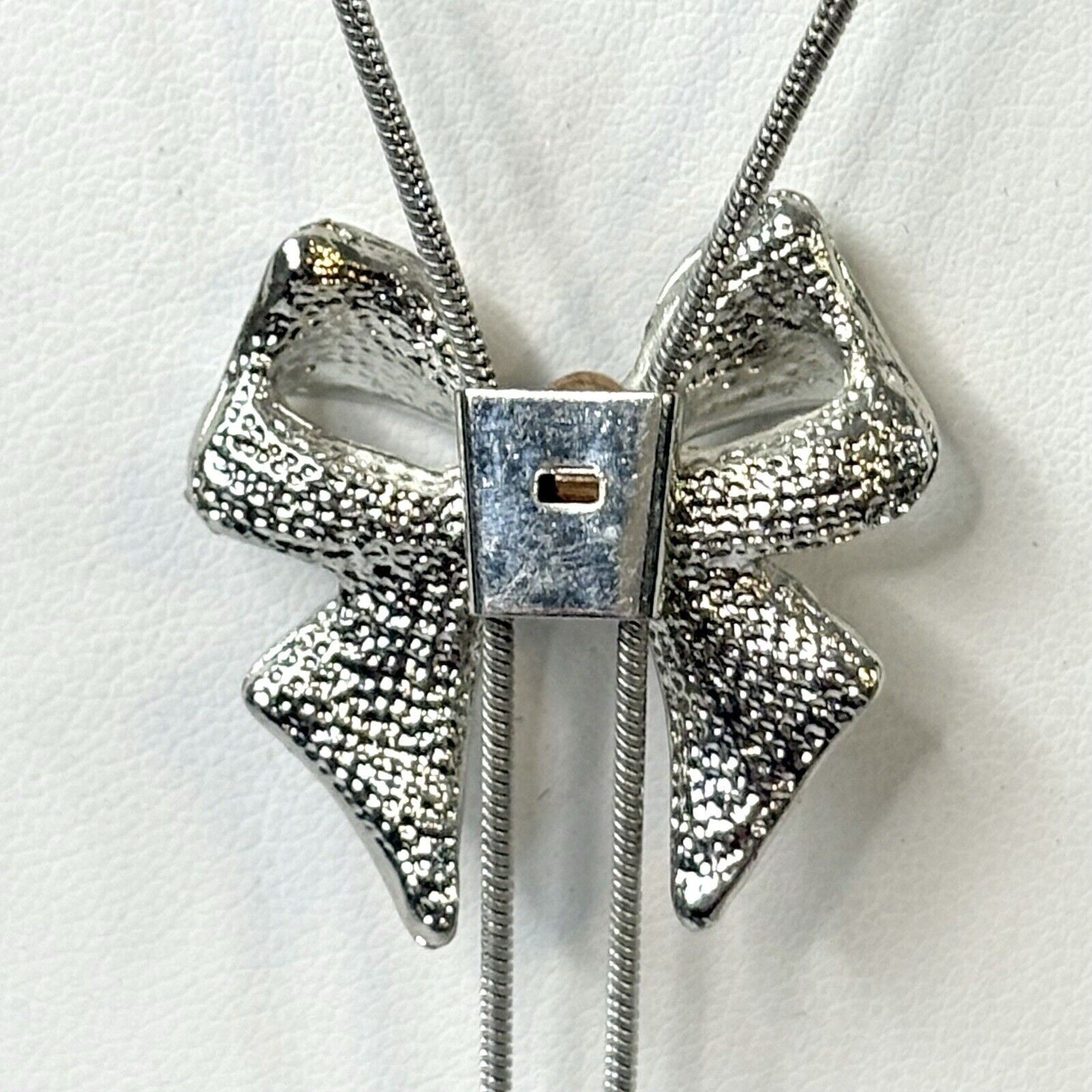 Vintage Silver Tone Bow Rhinestone Bolo Slider Lariat Necklace Western Glam