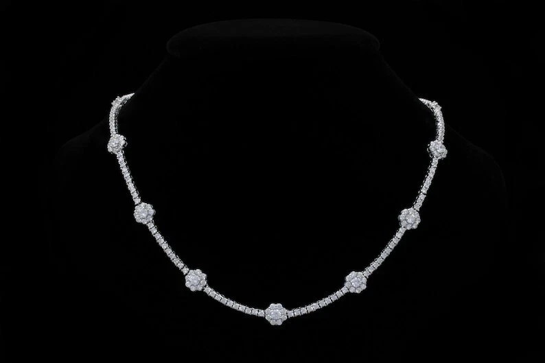 16 Ctw Lab-Created Round Diamond 14K Gold Plated Tennis Flower Necklace Women’s