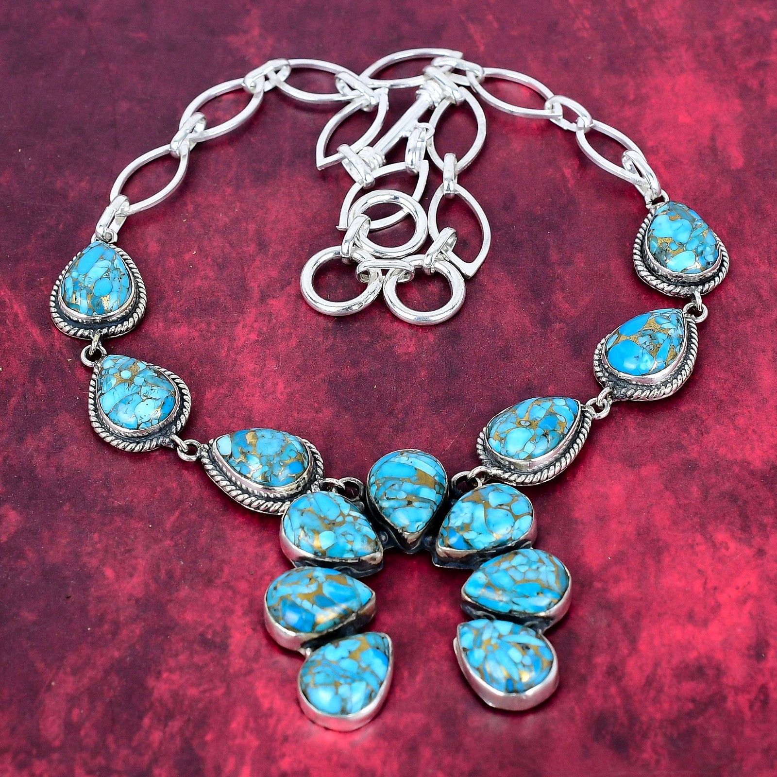 Copper Blue Turquoise Gemstone Handmade 925 Sterling Silver Jewelry Necklace