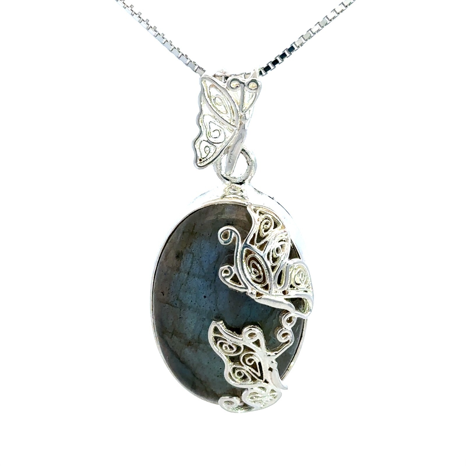 Sterling Silver Labradorite With Butterfly Pendant (3/4 x 1 1/2 Inch)