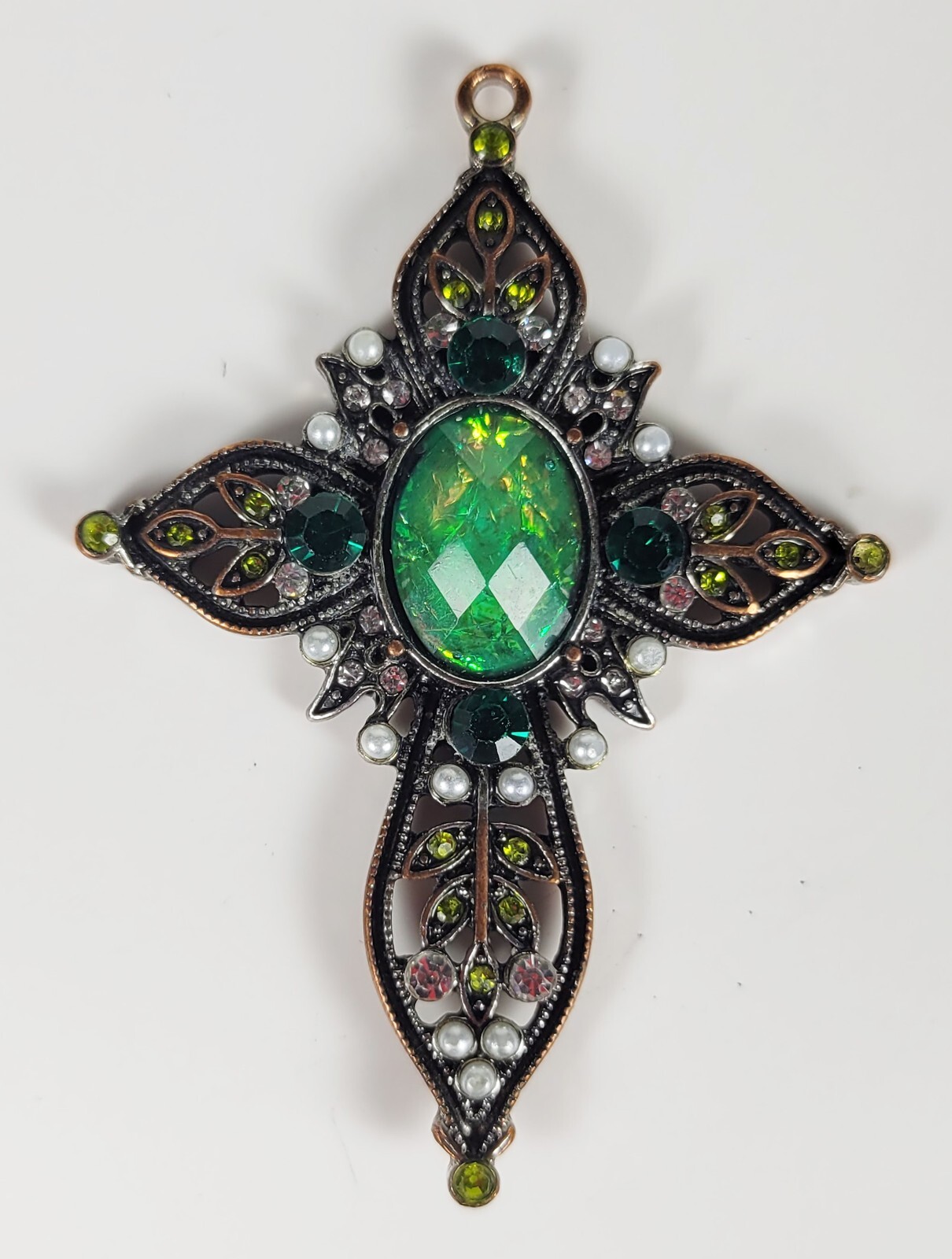 Cross Pendant with Opalescent Green Stone and Faux Pearls – 2 inches Very Good