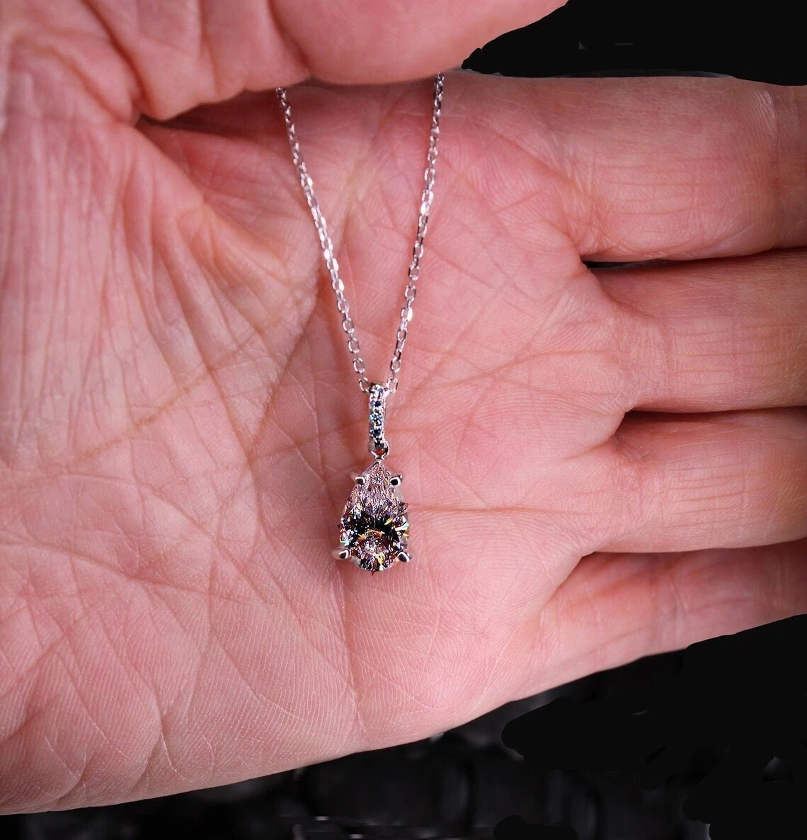 2 Ctw Pear Cut VVS1 Moissanite Solitaire Pendant 14K White Gold Plated 18″ Chain