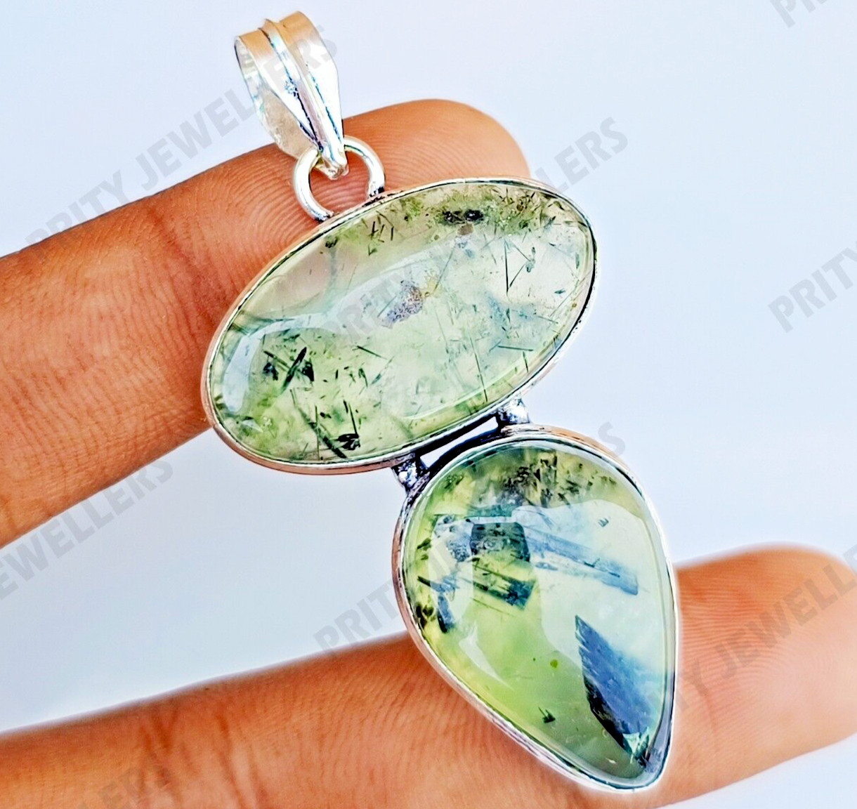 Natural Moss Prehnite Gemstone Pendant 925 Sterling Silver Jewelry 2.40″