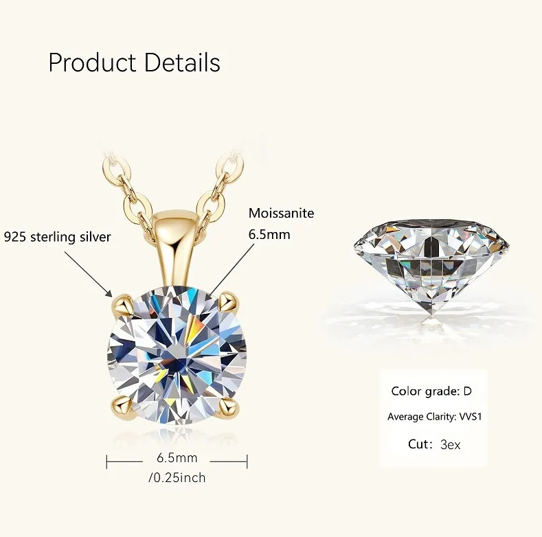 1 Carat D VVS1 Moissanite Solitaire Pendant Chain Necklaces 18k Gold Plated -GRA