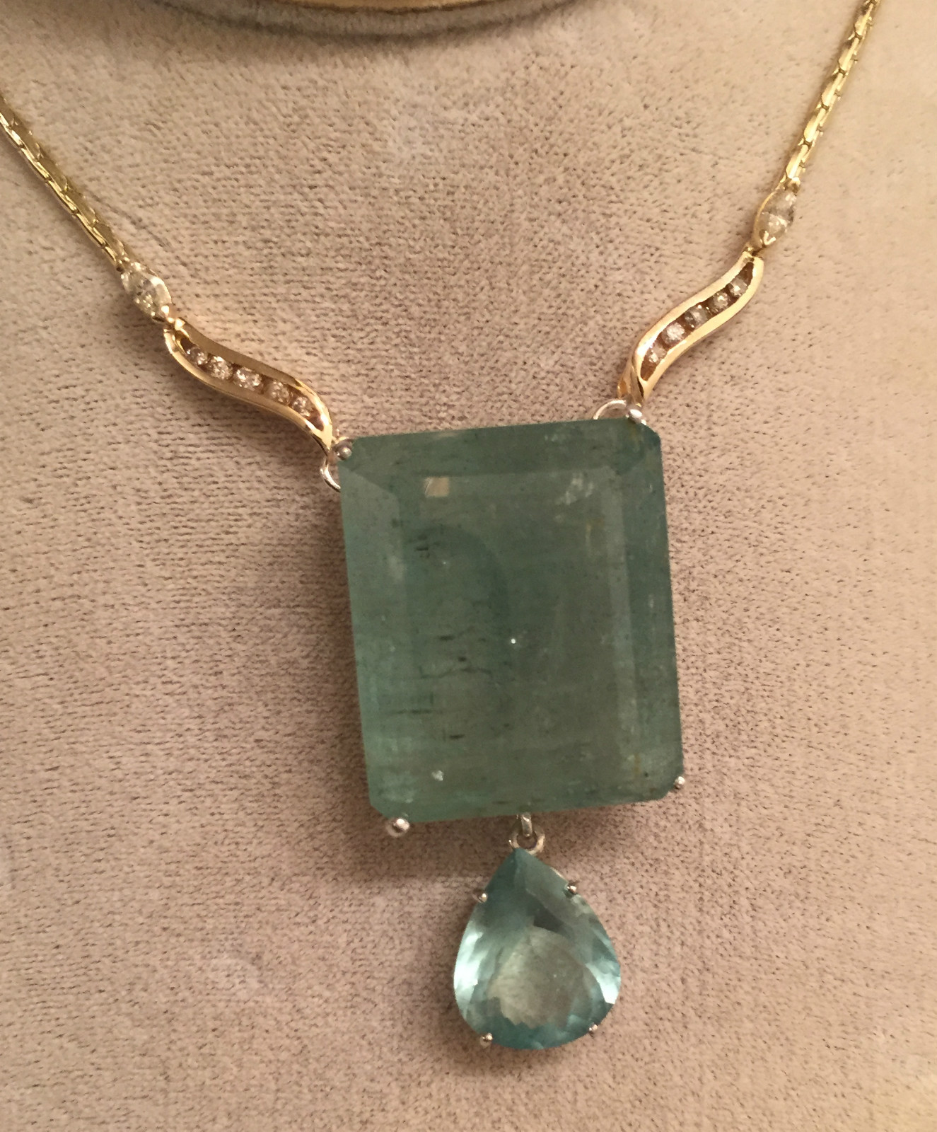 Custom Huge 87 ct aquamarine .64 ct diamond 14k gold choker necklace 16-17 in