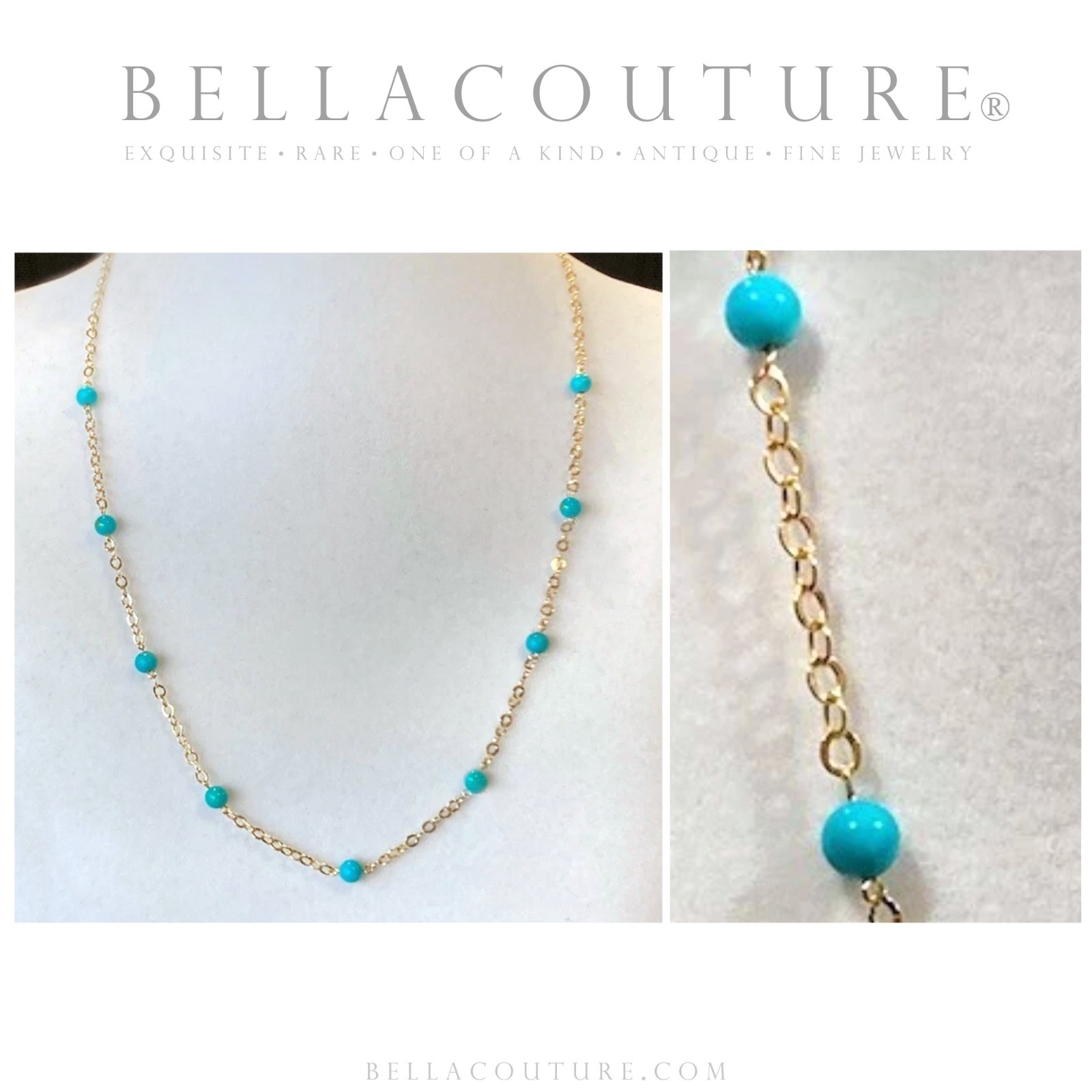 ❤️NEW BC® 14K YELLOW GOLD NATURAL PERSIAN TURQUOISE STATION NECKLACE 18″ – 16″
