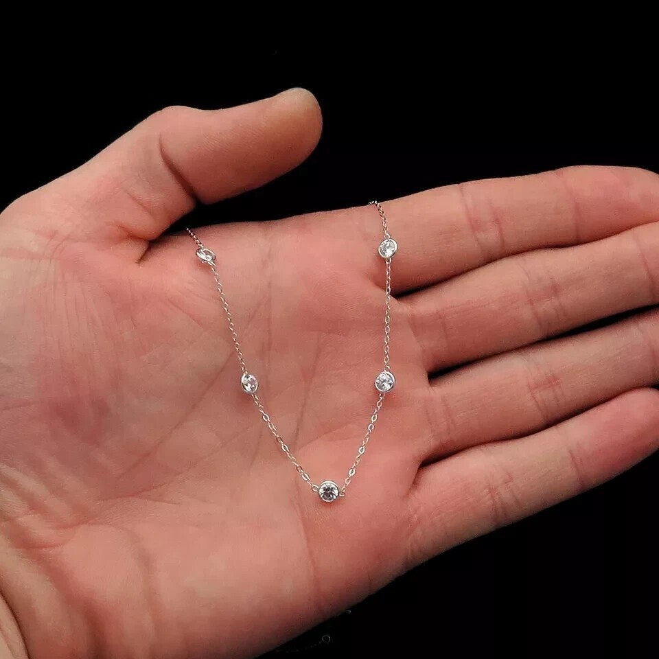 3Ct Round Lab Created Diamond Bezel Set Station Necklace 18″ 14k White Gold Over