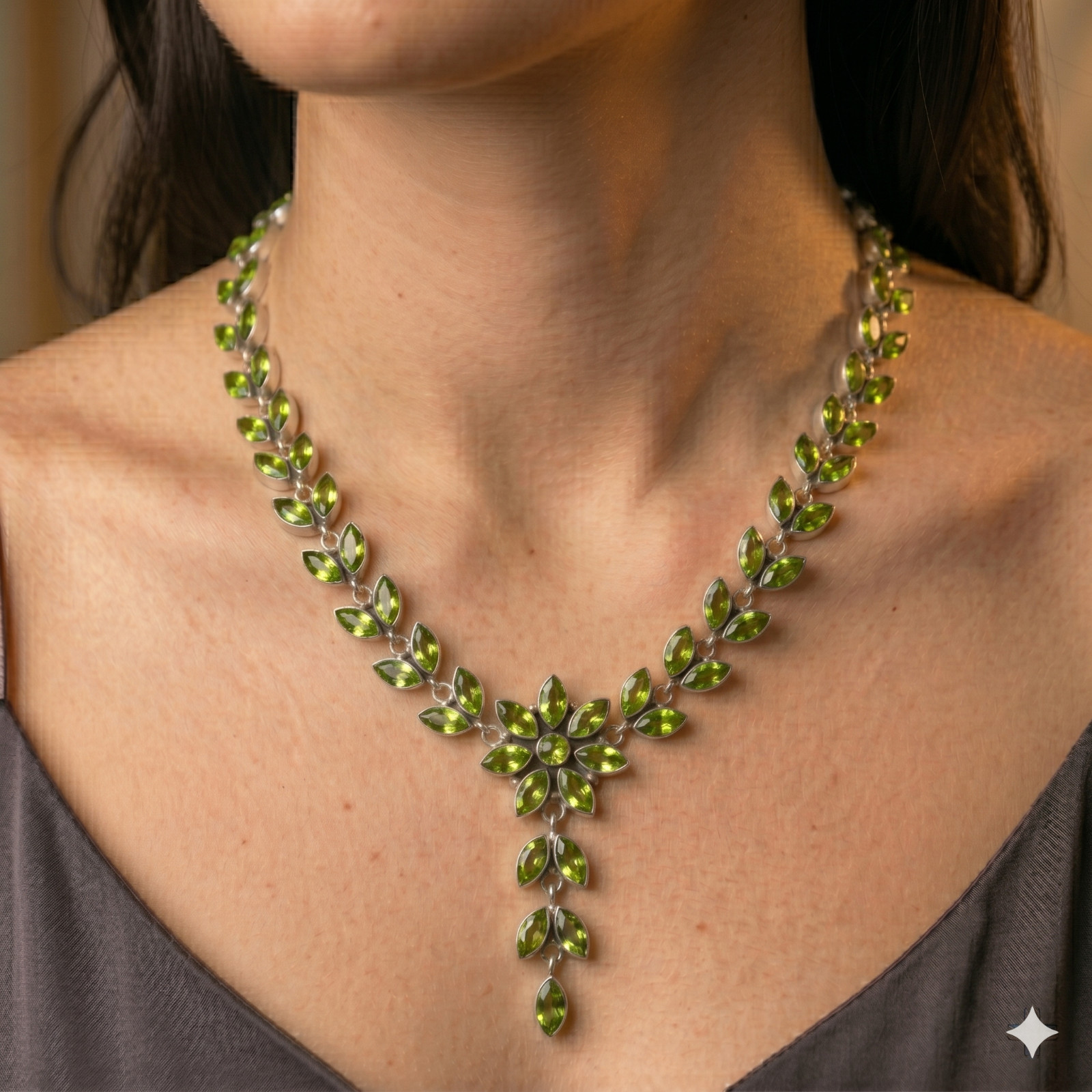 Green Peridot Floral Necklace 925 Sterling Silver Gemstone Statement Jewelry