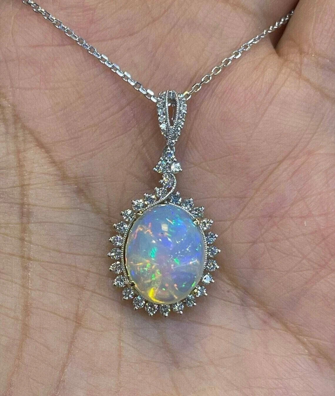 2.50Ct Oval Cut Genuine Fire Opal Halo Pendent 14K White Gold Plated Free Chain