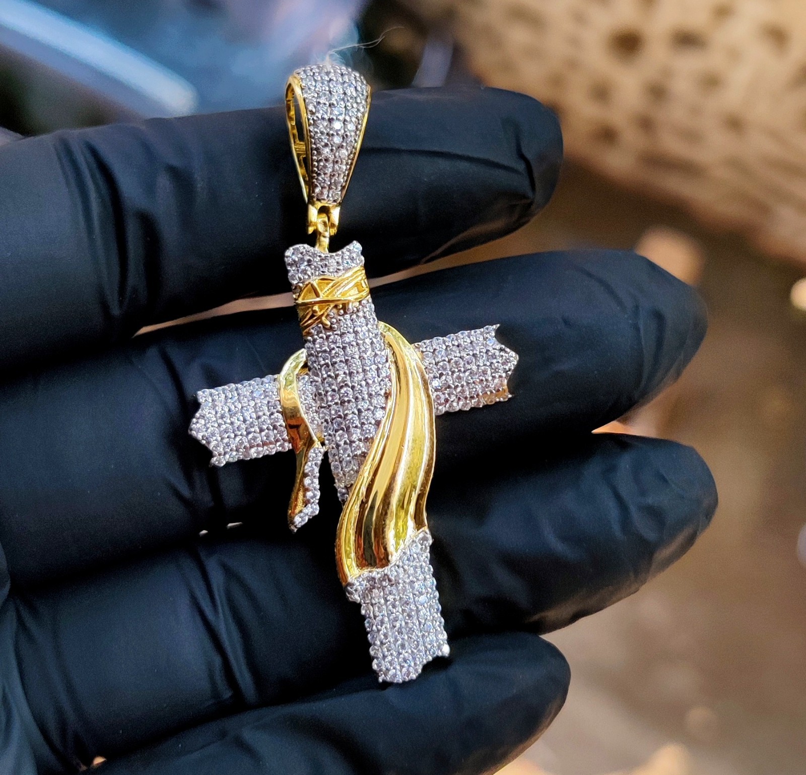 2Ct Round Cut Lab Created Diamond Jesus Cross Pendant 14K Yellow Gold Plated