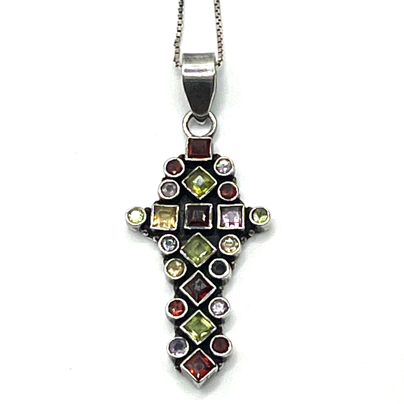 Cross Pendant Necklace Multi Gemstone Peridot Garnet Citrine VTG Sterling 925