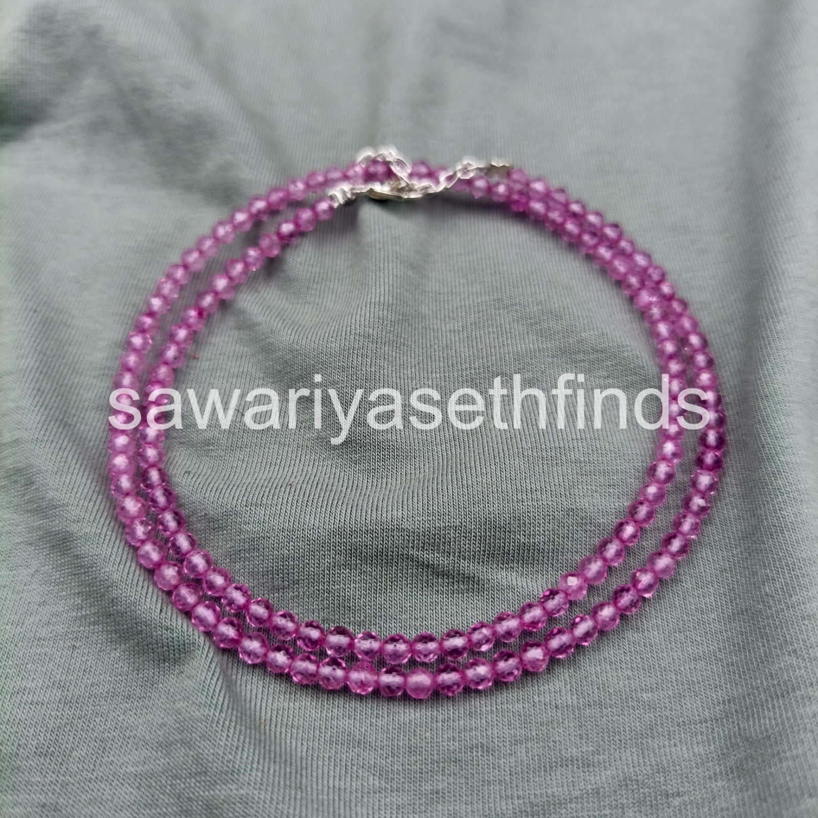 Pink Topaz 3mm Faceted Round Beaded Necklace, Sterling Silver Clasp, Minimal Lay