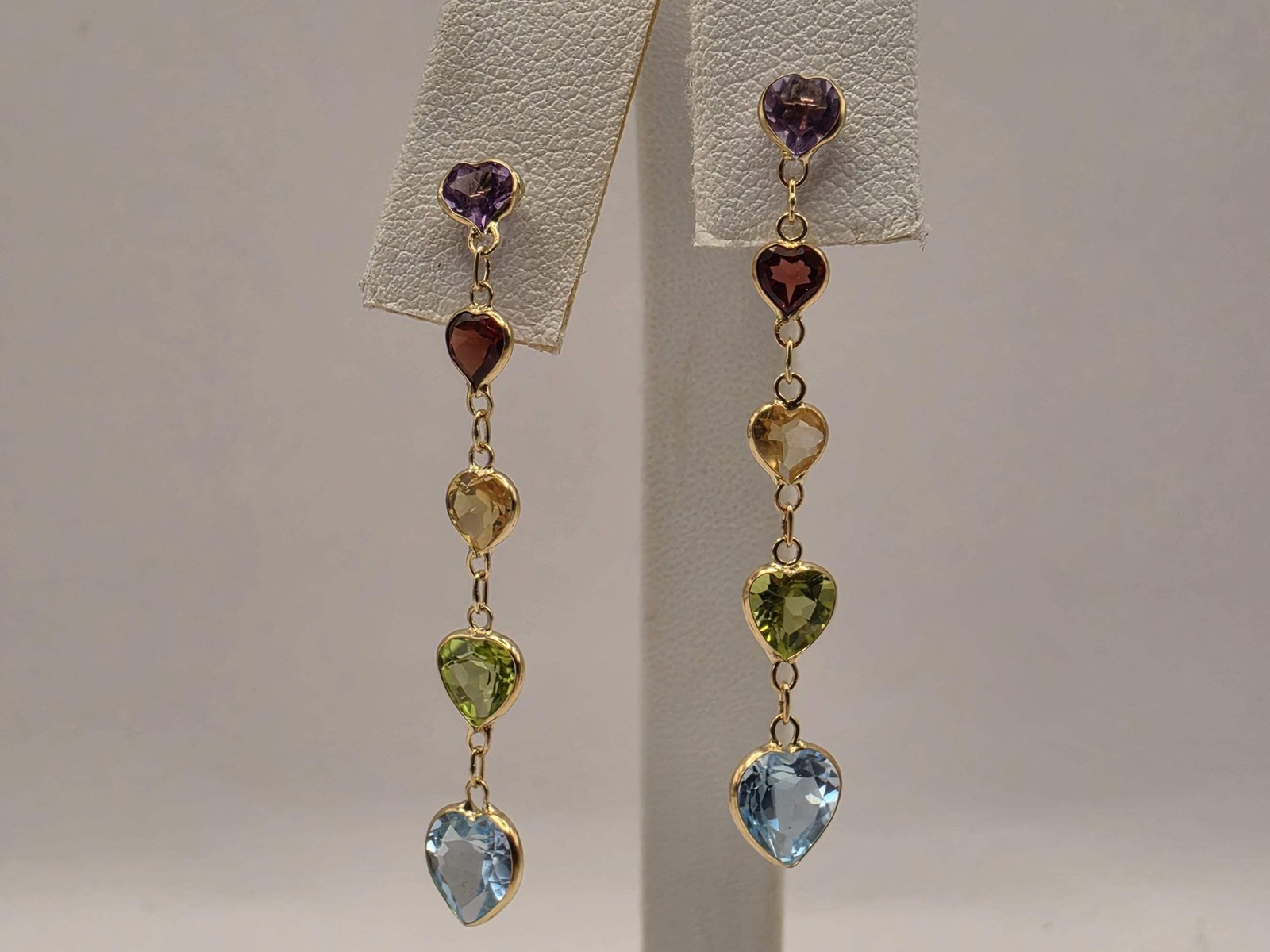 14K Yellow Gold Multi Gemstone Drop Earrings Amethyst Garnet Citrine Peridot Blu