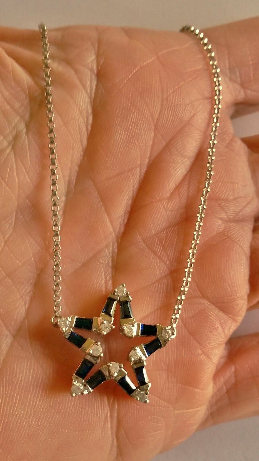 Stunning 14k White Gold .70ctw Diamond & Sapphire Eternity Star Pendant Necklace