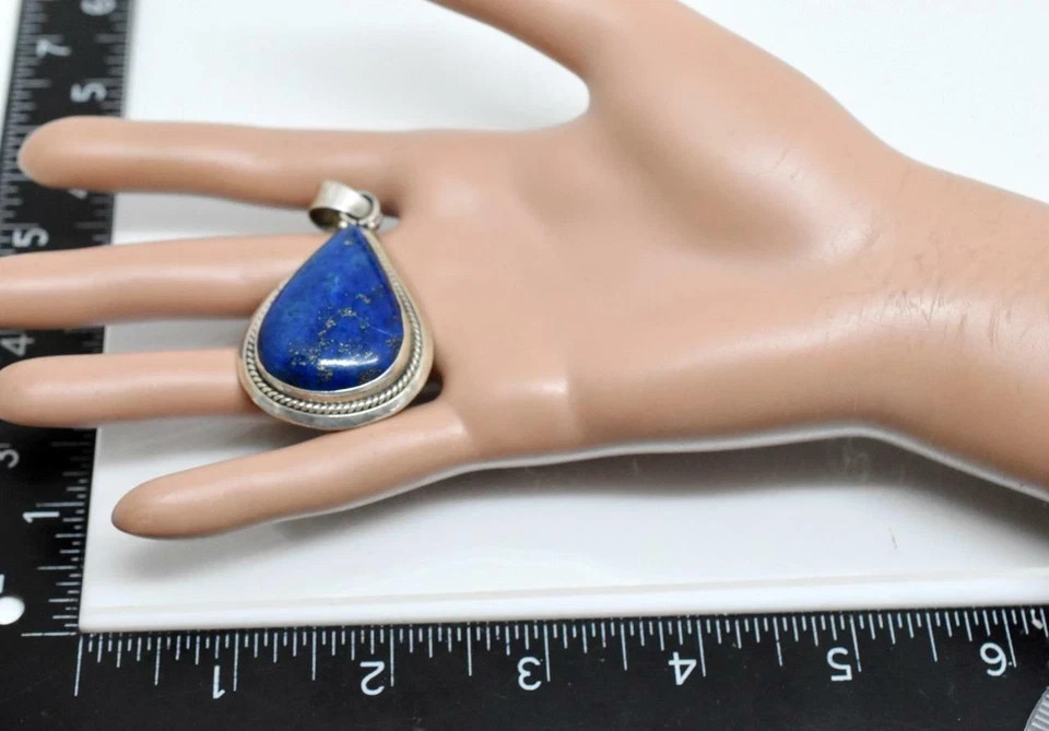 Lapis Lazuli Southwestern Style Pear Cabochon Sterling Silver Pendant 2.25″