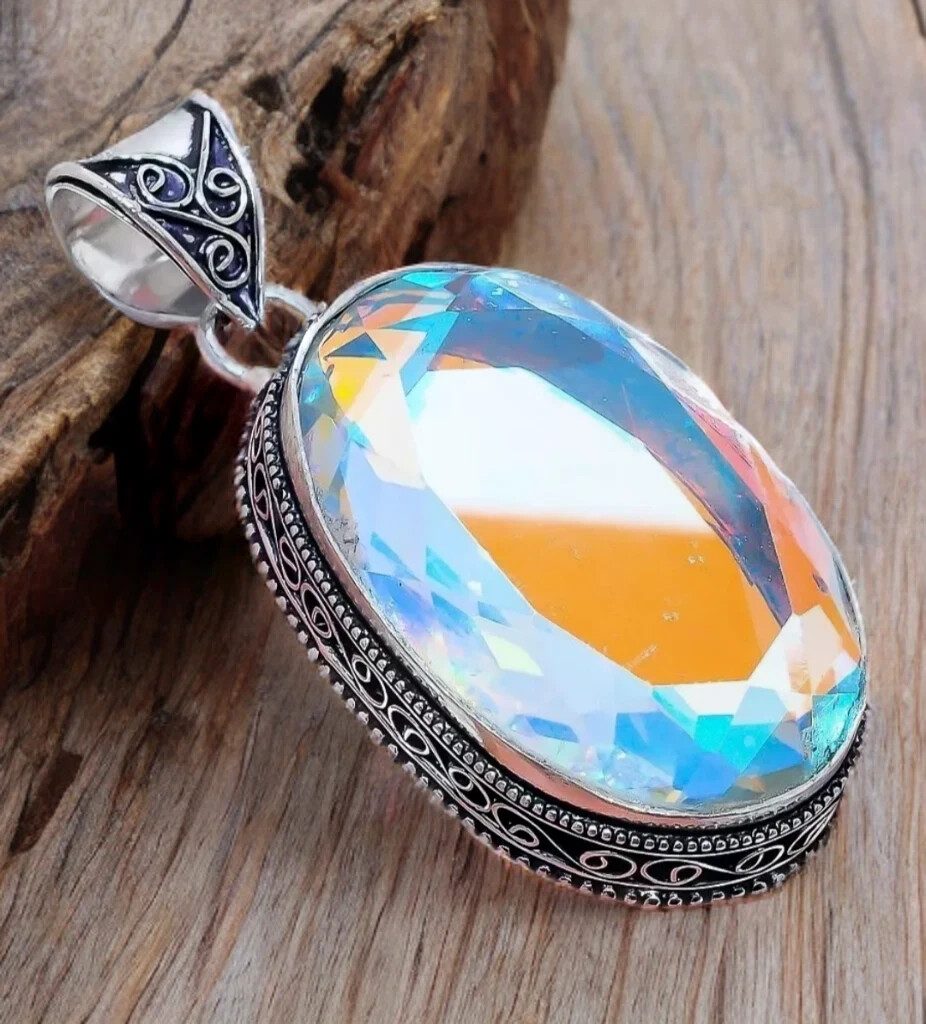 Rainbow Fire Topaz Gemstone Handmade 925 Sterling Silver Jewelry Oval CutPendant
