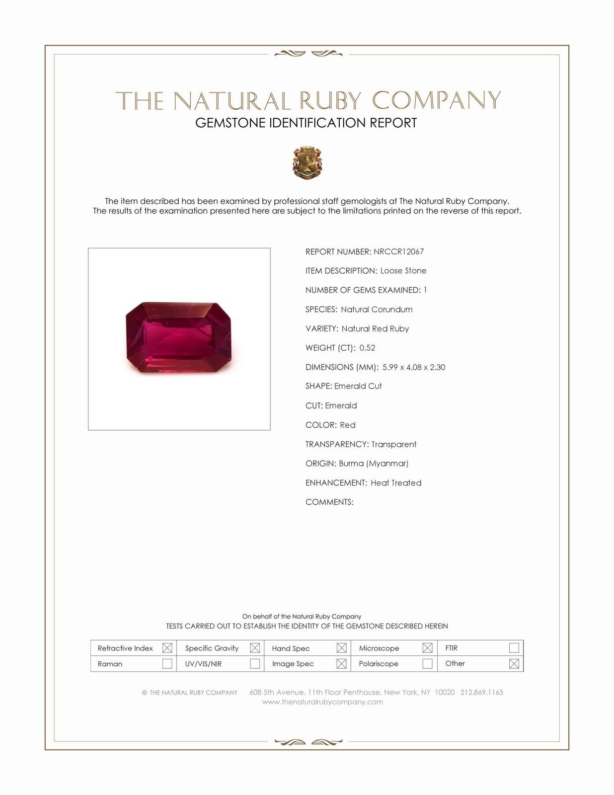 Burma (Myanmar) Emerald Cut Red Ruby 18K Yellow Gold Pendant 0.52CT