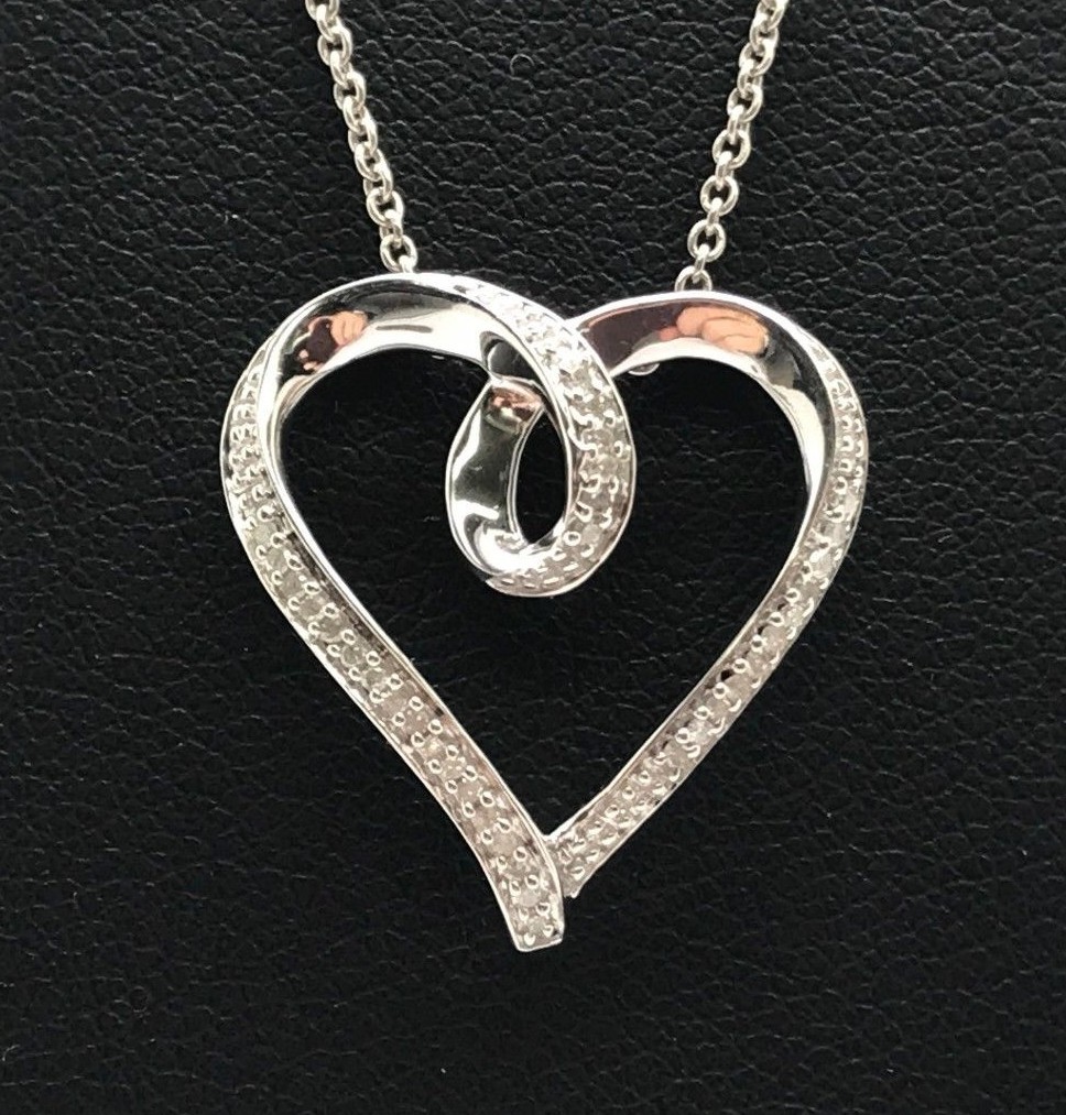 Sterling Silver 925 1/10 CTW Diamond Pave Heart Love Loop Pendant Necklace 18”