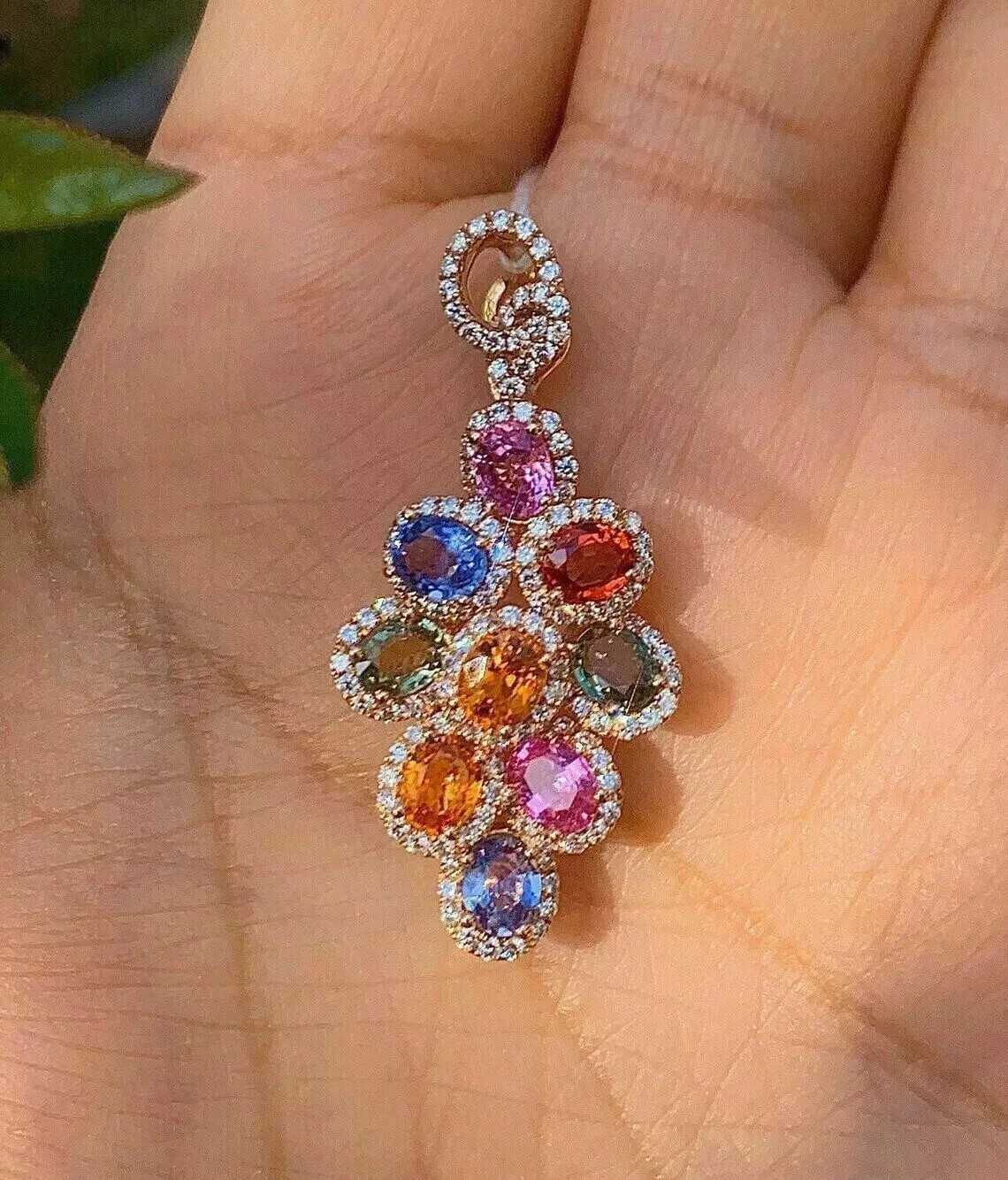 4Ct Oval Cut Multi-Color Rainbow Cluster Pendant 14K Rose Gold Finish