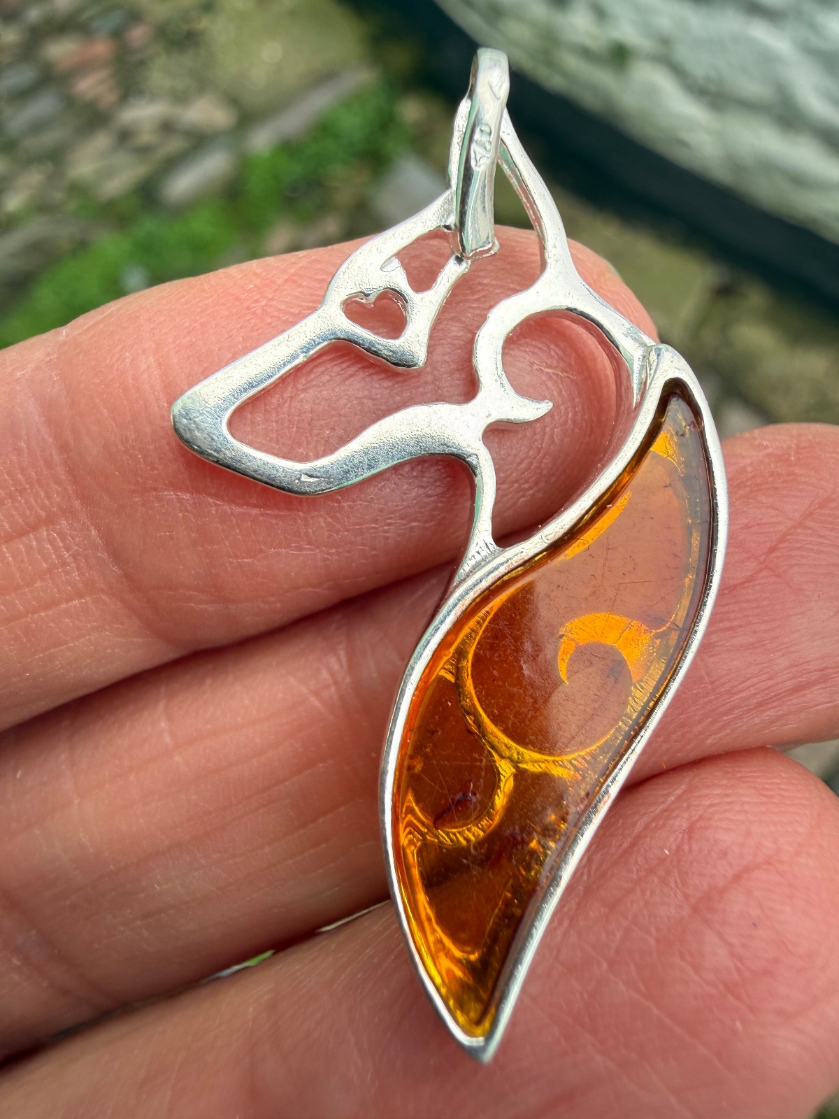 German Shepherd Dog Amber Pendant Crystal Fossil 925 Silver Lithuanian genuine