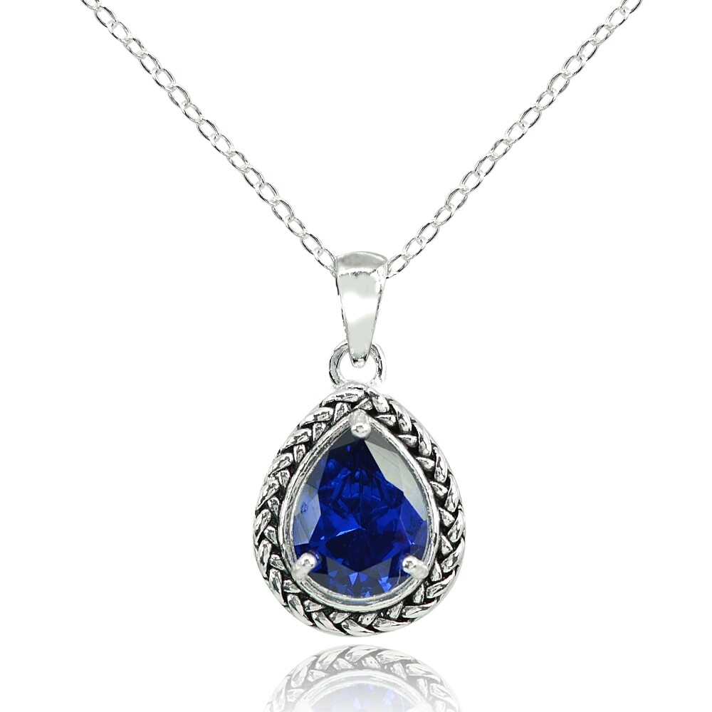 Sterling Silver Created Blue Sapphire Pear-Cut Oxidized Rope Pendant Necklace
