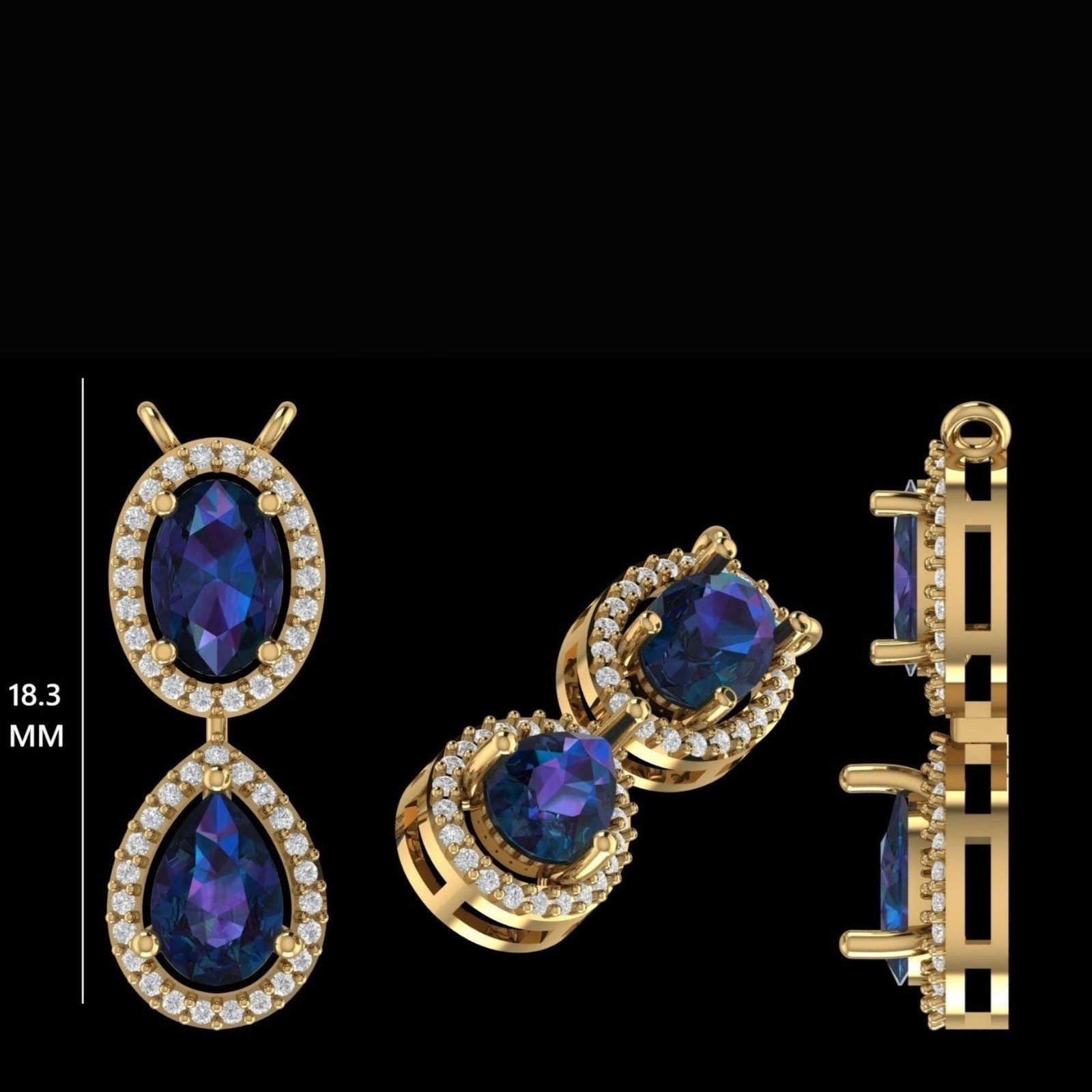 0.87ct Natural Sapphire Double Drop Pendant Necklace 14K Solid Gold Halo Pave