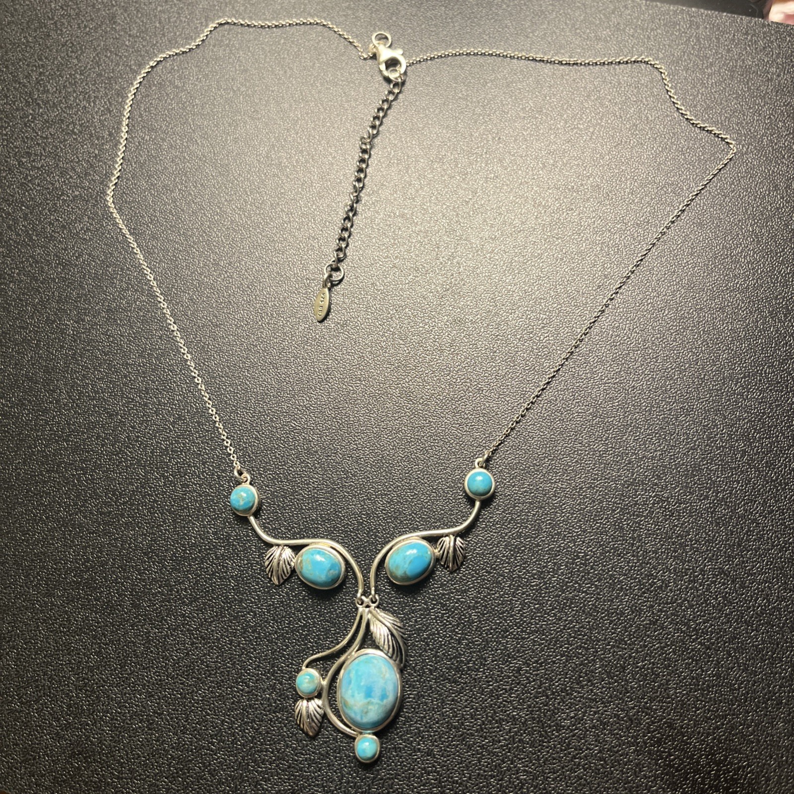925 Sterling Silver Seven-Stone Turquoise Necklace; Lobster Claw Clasp