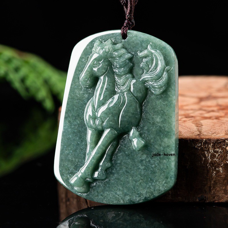 Green Natural Burma Jade jadeite Carving Zodiac Horse Pendant Necklace Certified