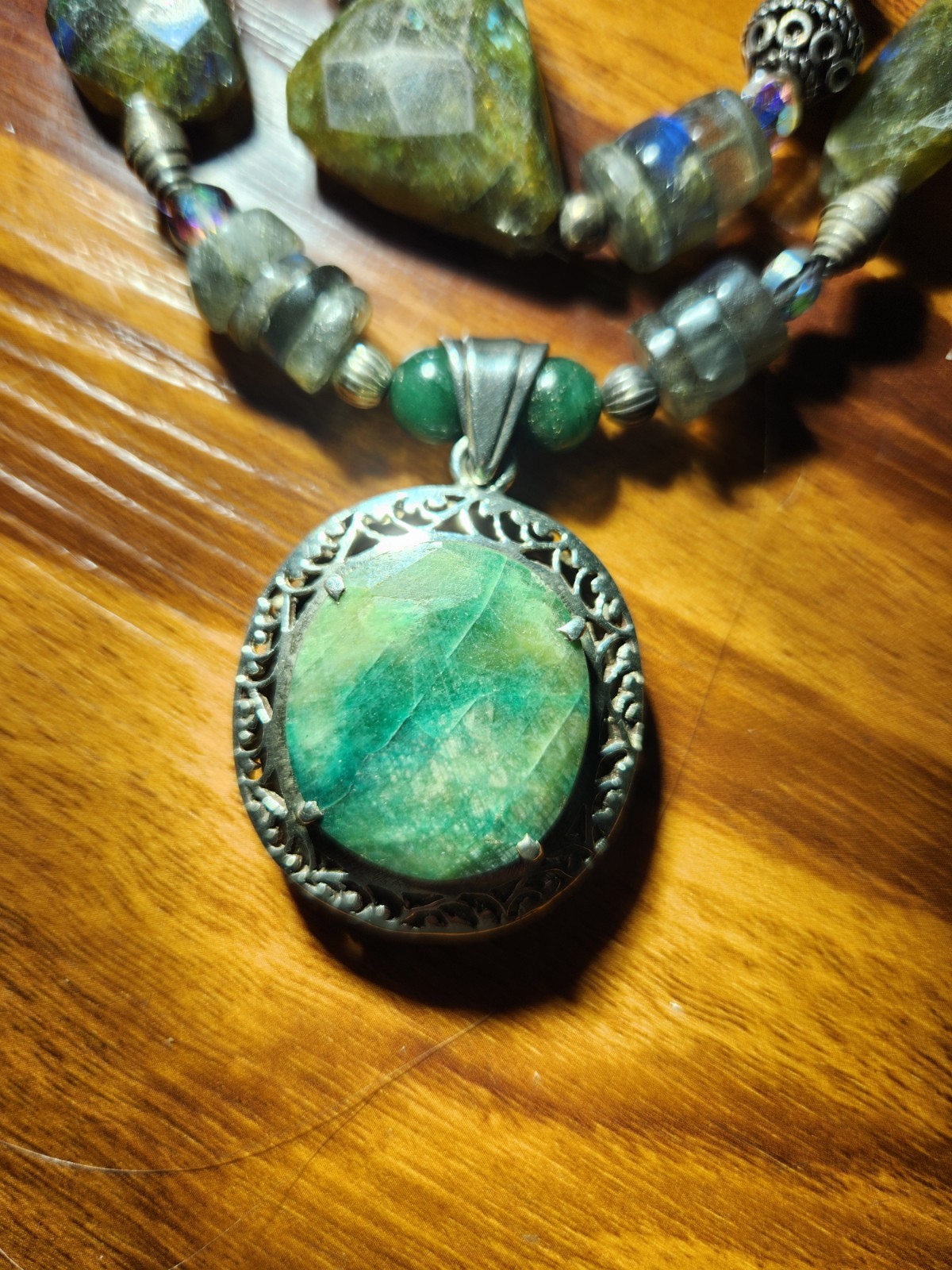 Hand Cut Rock Crystal Smoky Green Blue Quartz Necklace Sterling 925 Classy Beads