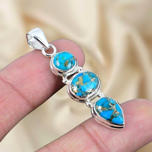 Copper Turquoise Gemstone Silver Pendant 925 Sterling Silver Jewelry Pendant