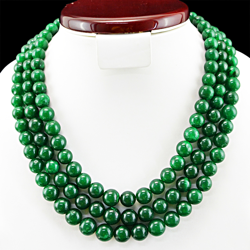 EXCLUSIVE 932.50 CTS EARTH MINED 3 LINE RICH GREEN EMERALD ROUND BEADS NECKLACE