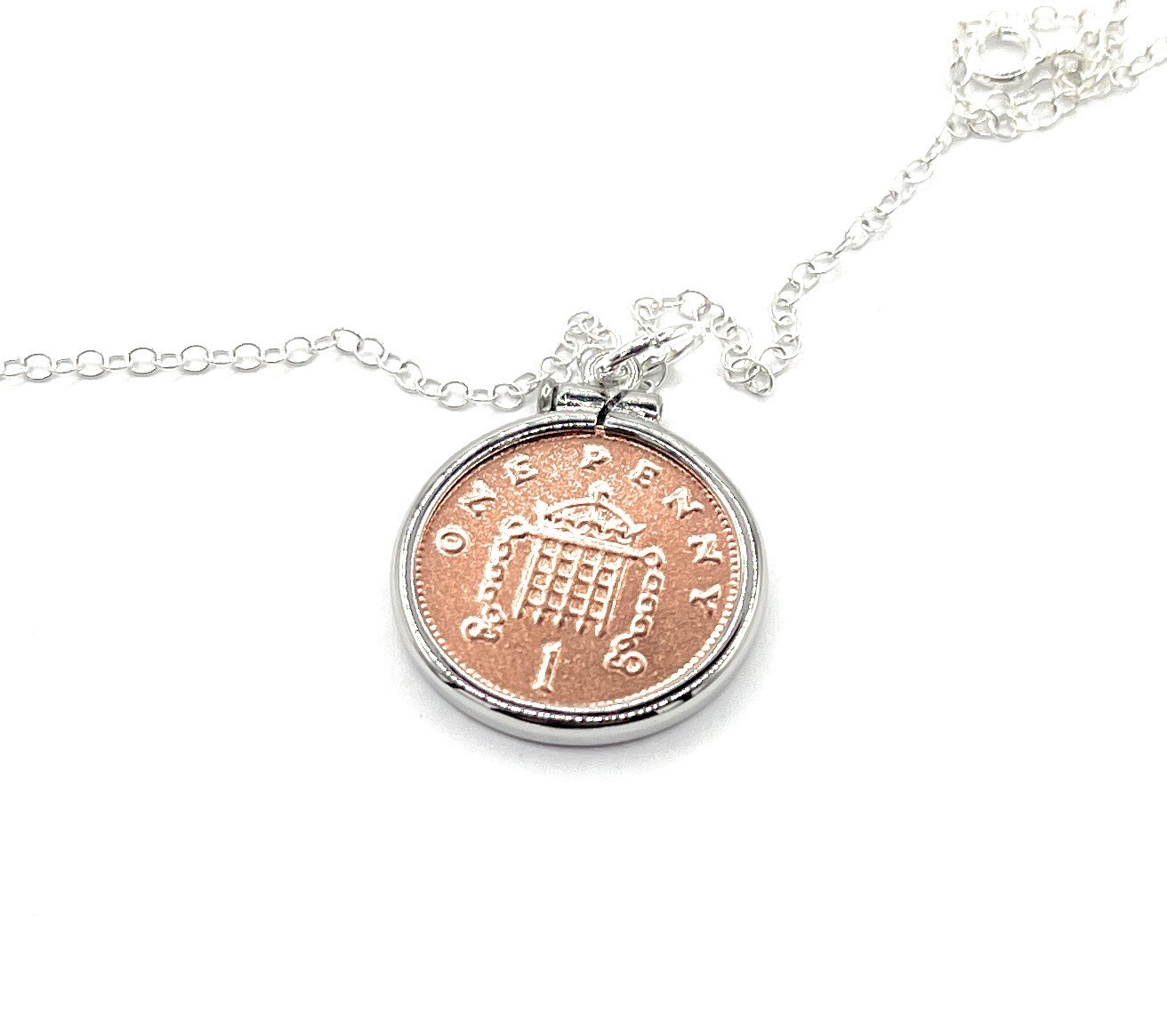 50th Birthday Anniversary One pence Solid Cinch Pendant Silver Plated Mount