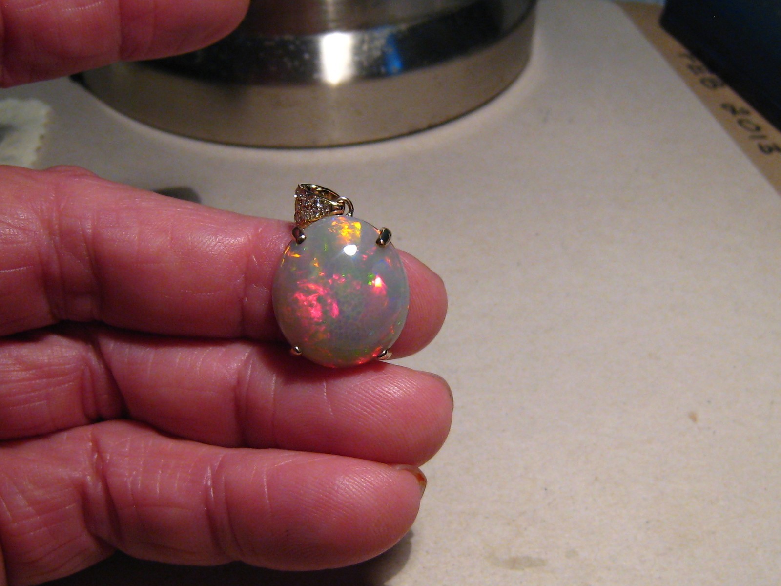 Large 16 ct. Ethiopian Opal and Diamond Pendant , 14 k Gold , Red Harlequin