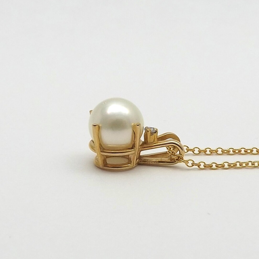 14k Gold Akoya Pearl Diamond Pendant Necklace June Birthstone 16in New
