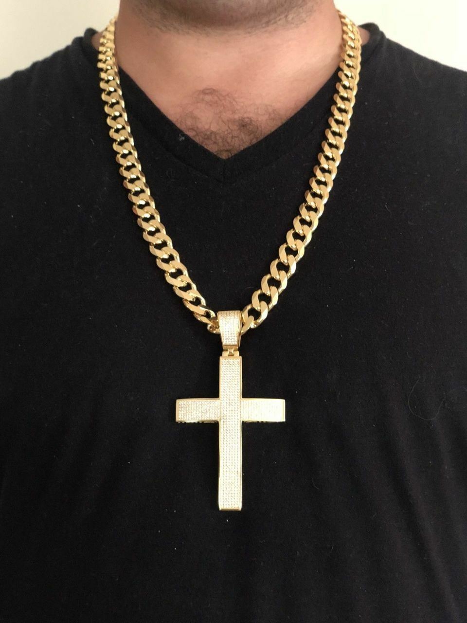14k Gold Plated Solid 925 Silver Mens Large Cross CZ 3.25” BIG Hip Hop