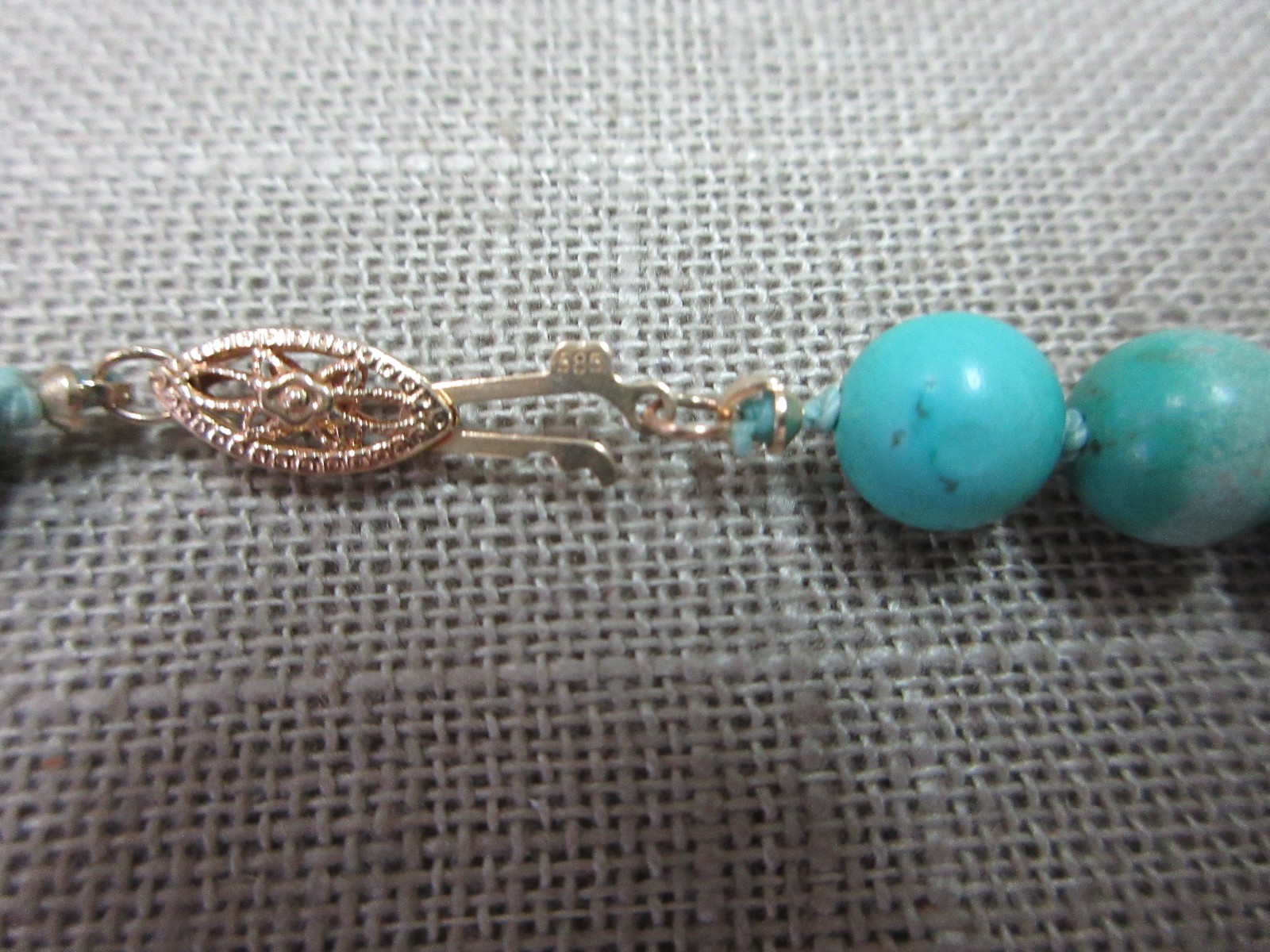 Vtg 14K Fishhook Clasp Turquoise Beads & Carved “Shou” Bead Necklace 18″ 39.7 G
