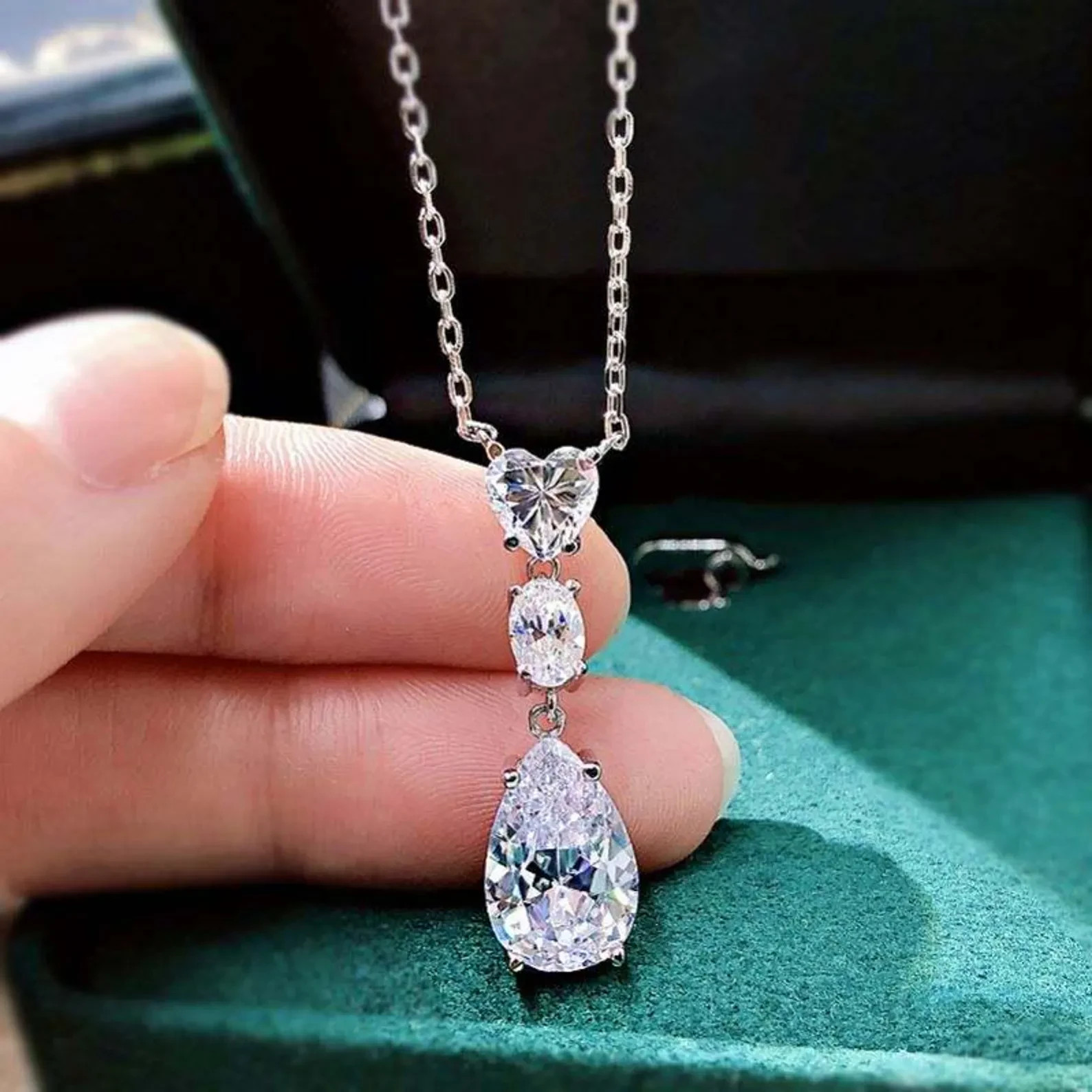 3 Ct Multi-shape Lab Created Diamond Three Stone Pendant 14K White Gold Plated