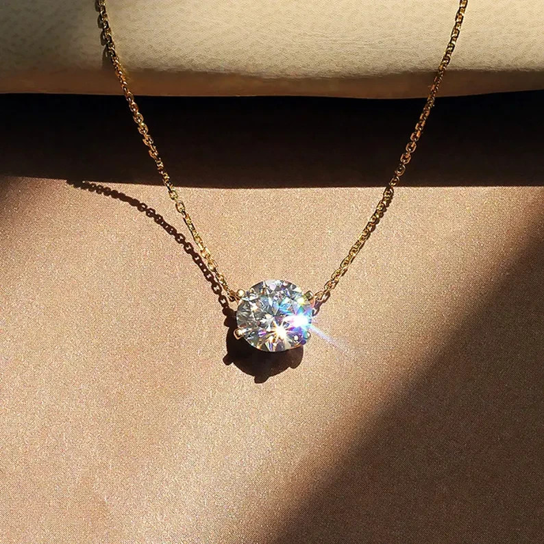 3Ct Round Cut Solitaire Moissanite Necklace 14k Gold Plated Gift for Her 18 Inch