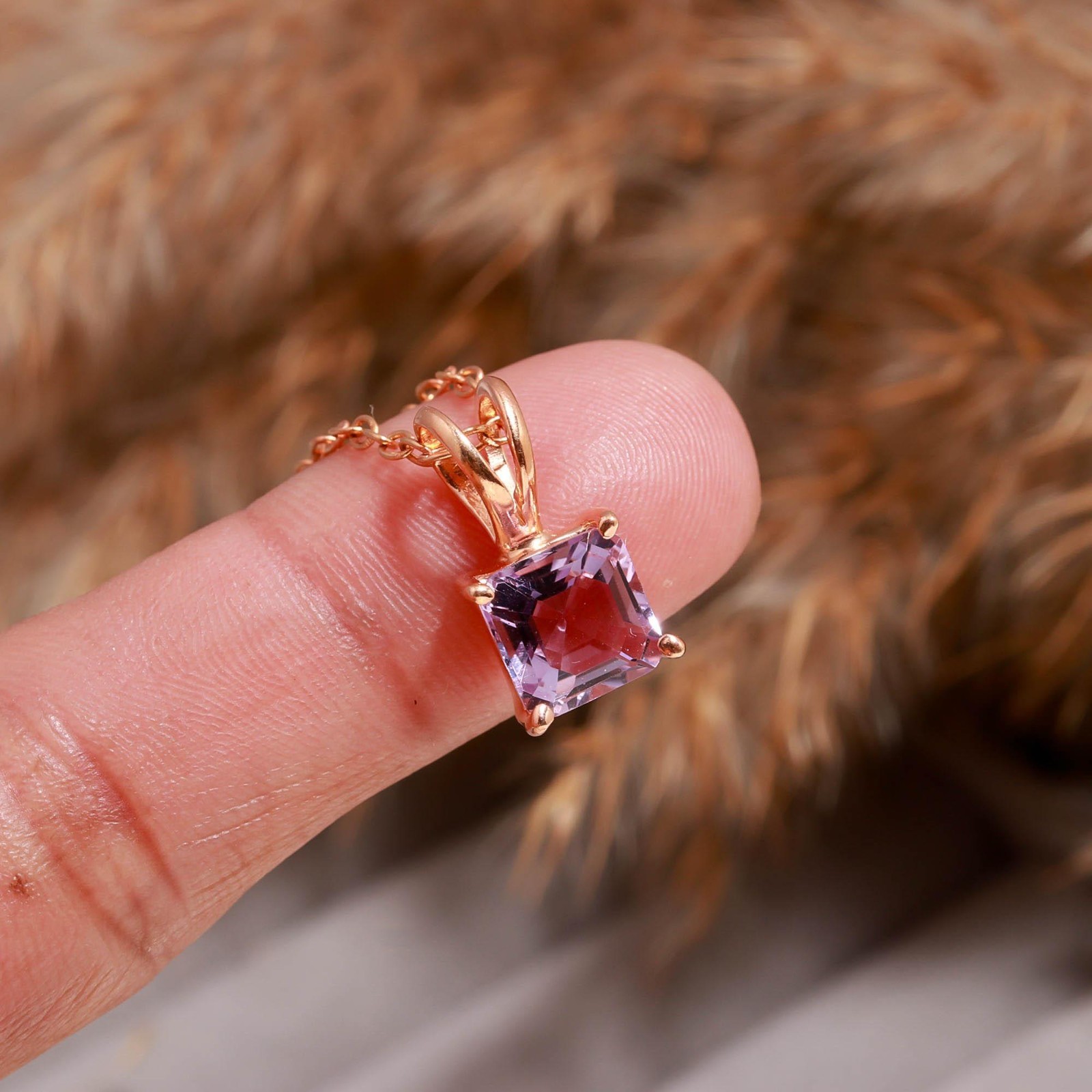 100%Natural Pink Amethyst Octagon Necklace Rose Gold Plated Solid Silver Jewelry