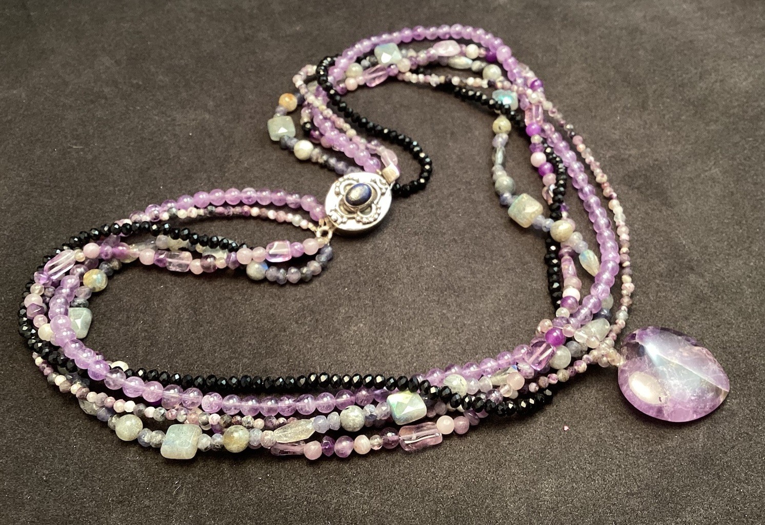 Sterling Silver Multiple Strand Necklace W/Amethyst Labradorite Spinel Sugilite