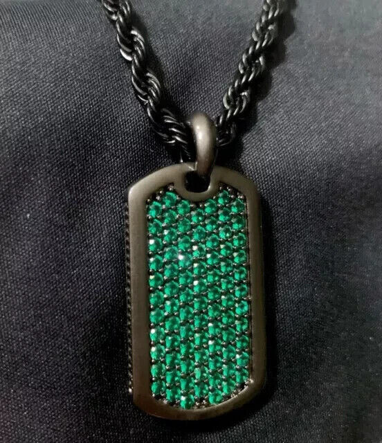 2.6Ct Round Cut Lab-Created Emerald Dog Tag Unisex Pendant 14k Black Gold Plated