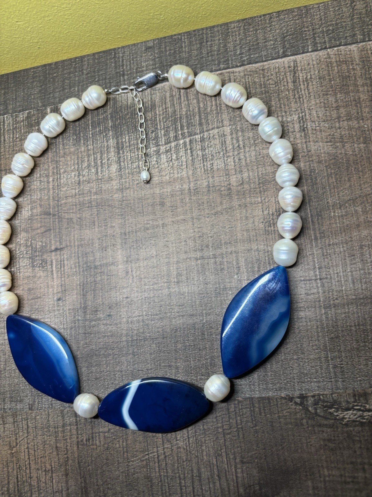 ALUMA AIL 925 Sterling Silver Natural Blue Agate Freshwater Pearl Necklace 17-20