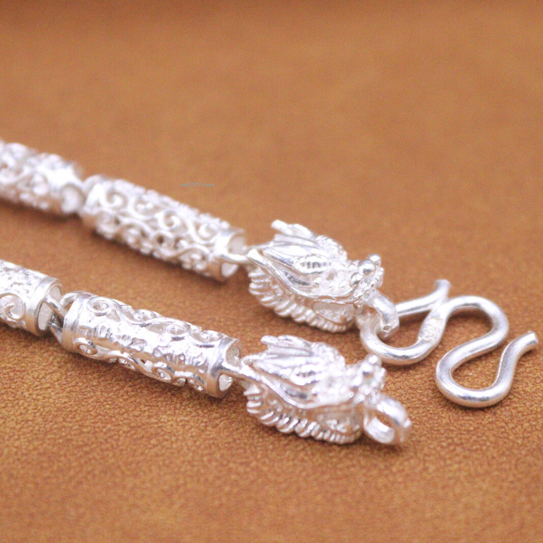 Pure 999 Fine Silver Necklace Men Women 6mm Dragon Head Beaded Link Chain 20inch