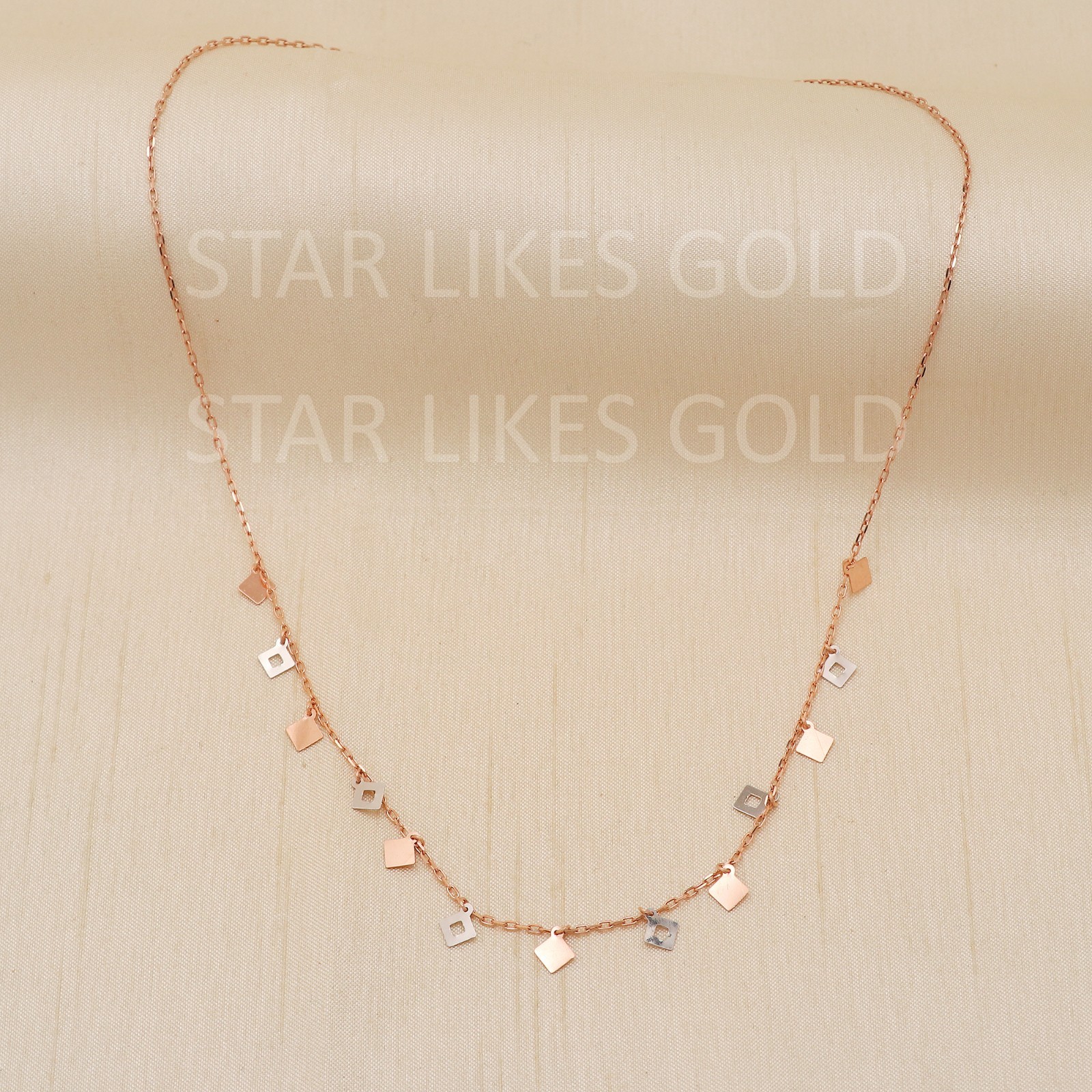 18K Rose Gold Square Charm Necklace 18″ 3.85g 1mm Dual Tone Cable Dangle Chain