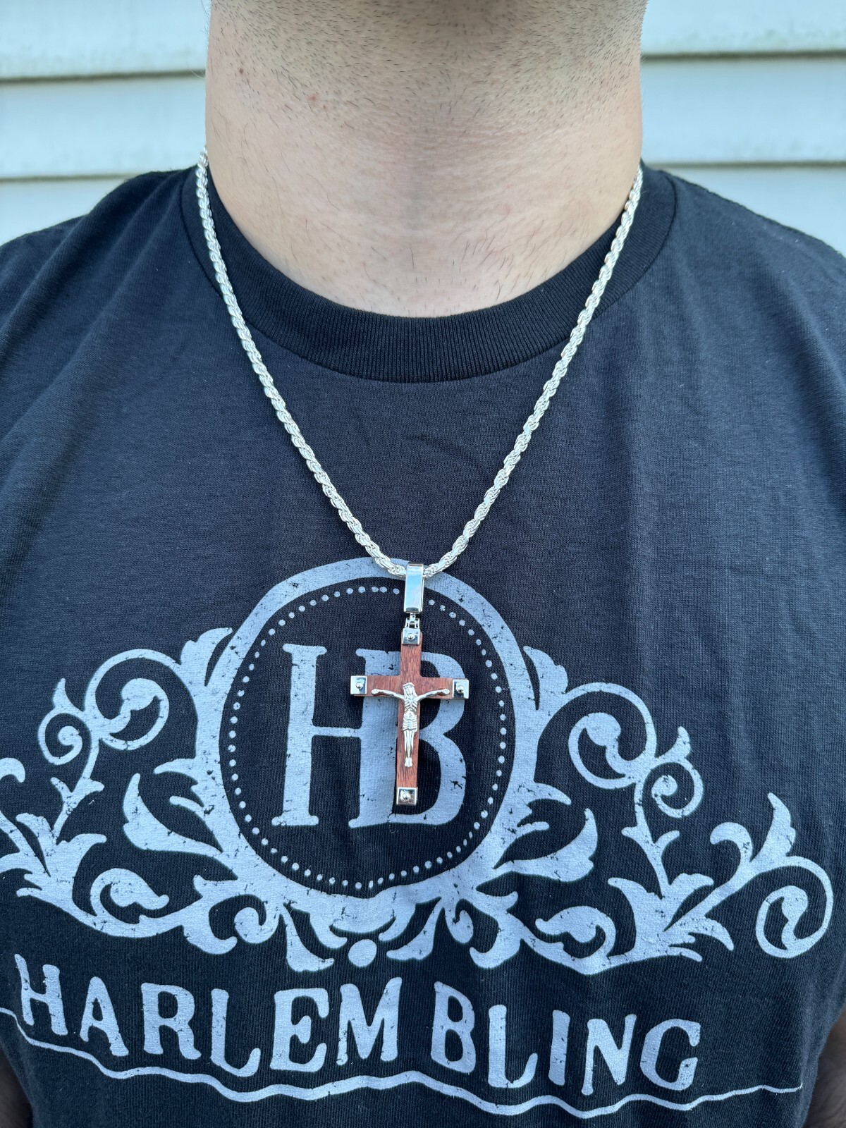 Small Plain Real 925 Silver & Natural Wood Jesus Cross Pendant Necklace 1.25″